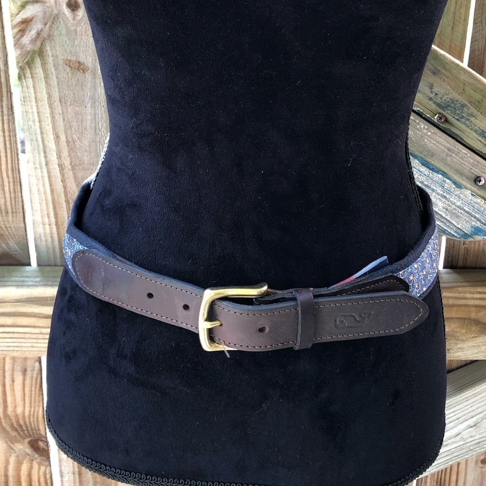 Vineyard Vines Football Theme Canvas Blue Ribbon Belt Brown Leather Ends Size 32